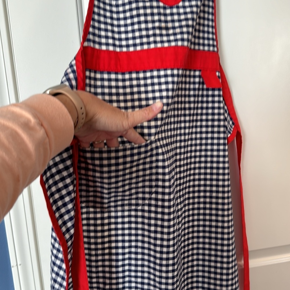Kitchen Apron Spring Cherry Apron blue plaid with gold ring adjustable neck - Picture 4 of 8